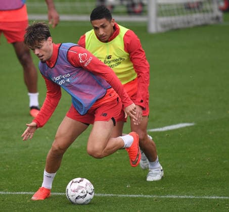 August 18, 2026, xophax, Soccer, Bundesliga 1, Bayer 04 Leverkusen, Training, 2026–2027 Season, Miguel Gutierrez (Bayer 04 Leverkusen) and Ezequiel Fernandez (Bayer 04 Leverkusen, right)