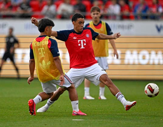 August 18, 2026, 2026–2027 Bundesliga, Friendly Match, 1. FC Heidenheim vs. FC Bayern Munich, at the Voith Arena in Heidenheim, Jamal Musiala of Bayern Munich with the ball