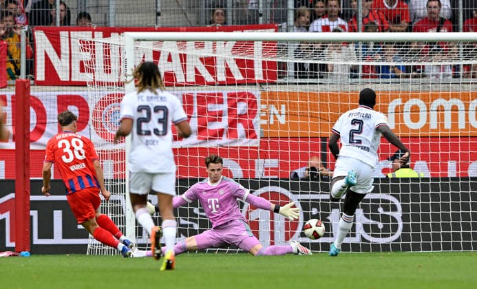 GOAL: 1–0 Yannik Wagner 1 FC Heidenheim 1846 (FCH) 38 Shot on goal, scoring chance against goalkeeper Jonas Urbig FC Bayern Munich (FCB) 40 Dayot Upamecano FC Bayern Munich (FCB) 02 1 FC Heidenheim 1846 FCH vs. FC Bayern Munich FCB Friendly Match August 18, 2026 DFL regulations prohibit any use of photographs as image sequences and or quasi-video 1 FC Heidenheim 1846 FCH vs. FC Bayern Munich FCB FRIENDLY MATCH