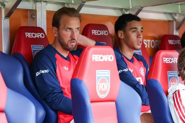 Harry Kane 9, FC Bayern Munich, and Jamal Musiala 10, FC Bayern Munich, 1. FC Heidenheim 1846 vs. FC Bayern Munich, Soccer, Men, Bundesliga, Friendly Match, 2026–2027 Season, August 18, 2026 DFB regulations prohibit any use of photographs as image sequences and or quasi-video Heidenheim, Baden-Württemberg, Germany Copyright: xkolbert-press MartinxAgüerax