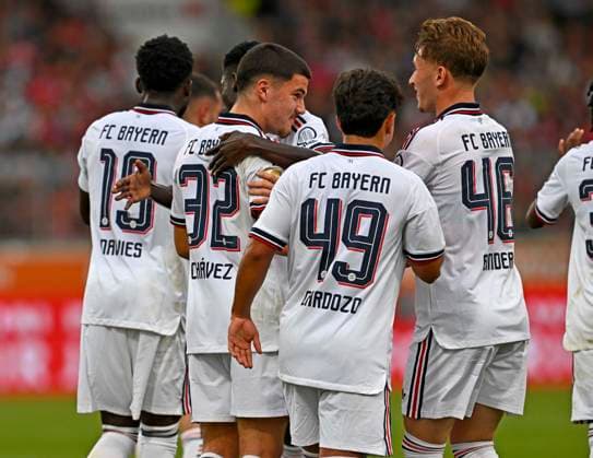 August 18, 2026, 2026–2027 Bundesliga season, friendly match, 1. FC Heidenheim vs. FC Bayern Munich, at the Voith Arena in Heidenheim; Alphonso Davies (FC Bayern Munich), Felipe Chavez (FC Bayern Munich), Maycon Cardozo (FC Bayern Munich), and Tim Binder (FC Bayern Munich) celebrate