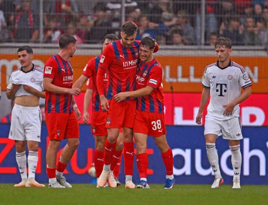 August 18, 2026, 2026–2027 Bundesliga, Friendly Match, 1. FC Heidenheim vs. FC Bayern Munich, at the Voith Arena in Heidenheim; from left: Julian Niehues of 1. FC Heidenheim 1846 and Yannik Wagner of 1. FC Heidenheim celebrate after the 2–1 victory