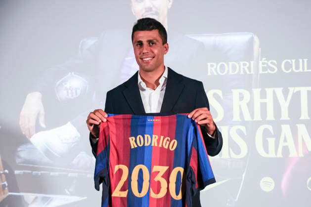 August 18, 2026, Barcelona, Barcelona, SPAIN: Rodrigo Hernandez poses in her FC Barcelona, Barca shirt during his presentation as new player of FC Barcelona at Commercial Office on August 18, 2026 in Barcelona, Spain. Rodrigo Hernandez Presentation As New Player Of FC Barcelona  - ZUMAa181 20260818_zaa_a181_053 Copyright: xJavierxBorregox