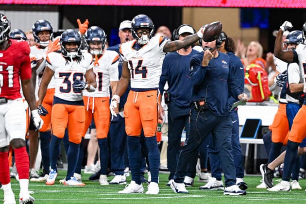ATLANTA, GA - AUGUST 14: Denver wide receiver Courtland Sutton (14) reacts during the NFL, American Football Herren, USA pre-season game between the Denver Broncos and the Atlanta Falcons on August 14th, 2026 at Mercedes-Benz Stadium in Atlanta, GA. (Photo by Rich von Biberstein Icon Sportswire) NFL: AUG 14 Broncos at Falcons EDITORIAL USE ONLY Icon260814077
