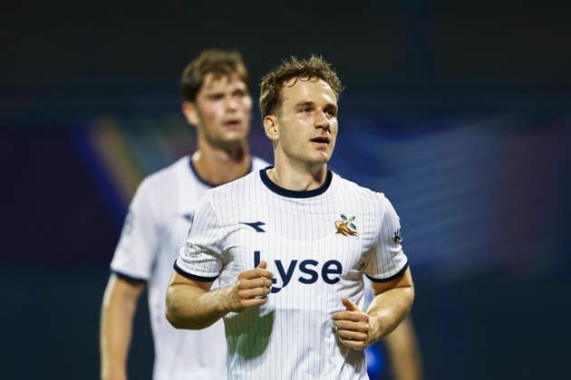 Zagreb, August 18, 2026: Viking s Peter Christiansen celebrates his 2-1 goal during the Champions League qualifying playoff match between Dinamo Zagreb and Viking at Maksimir Stadium. Photo by Nikola Krstic, NTB. EDITORIAL USE ONLY. RESTRICTED USE FOR BETTING COMPANIES.  Copyright: xNTBx