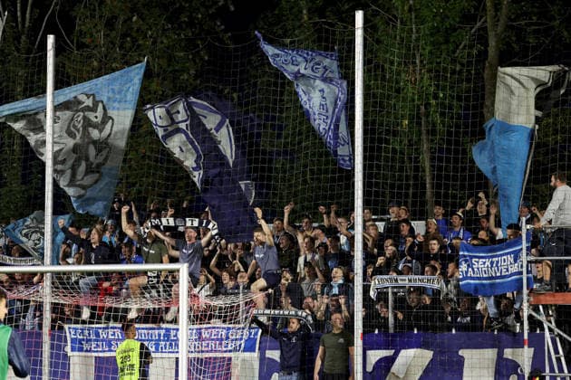 August 18, 2026, Men s, Soccer, 2026–2027 Season, Bavarian Regional League, Matchday 5: TSV Aubstadt vs. TSV 1860 Munich. Fans of TSV 1860 Munich celebrate the team after the final whistle at Sulzfeld Schulstadion in Aubstadt, NGN Arena, Bavaria, Germany