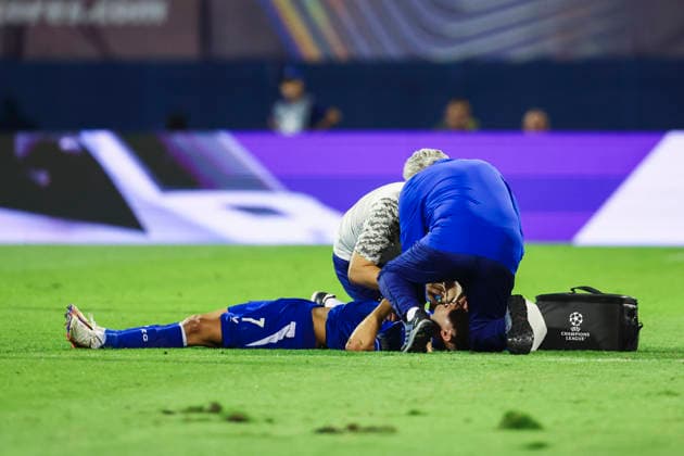 Champions League Qualifying, Playoff: Dinamo Zagreb vs. Viking Zagreb, August 18, 2026. Dinamo Zagreb’s Luka Stojkovic is down with an injury during the Champions League qualifying playoff match between Dinamo Zagreb and Viking at Maksimir Stadium. Photo by Nikola Krstic, NTB, Zagreb, Croatia. EDITORIAL USE ONLY RESTRICTED USE FOR BETTING COMPANIES  Copyright: xNikolaxKrsticx xNTBx