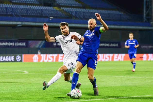 Champions League Qualifying, Playoff: Dinamo Zagreb vs. Viking Zagreb, August 18, 2026. Viking’s Sondre Bjorshol and Dinamo Zagreb’s Josip Misic during the Champions League qualifying playoff match between Dinamo Zagreb and Viking at Maksimir Stadium. Photo by Nikola Krstic, NTB, Zagreb, Croatia. EDITORIAL USE ONLY RESTRICTED USE FOR BETTING COMPANIES  Copyright: xNikolaxKrsticx xNTBx