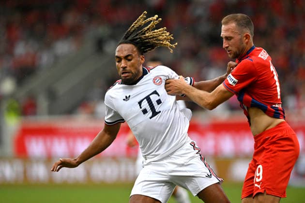 Tackle, Sacha Boey (FC Bayern Munich, FCB 23) vs. Jonas Foehrenbach (1 FC Heidenheim 1846, FCH 19) 1 FC Heidenheim 1846, FCH vs. FC Bayern Munich, FCB Friendly Match August 18, 2026, GermanyFL regulations prohibit any use of photographs as image sequences and or quasi-video. 1 FC Heidenheim 1846 FCH vs. FC Bayern Munich FCB Friendly Match