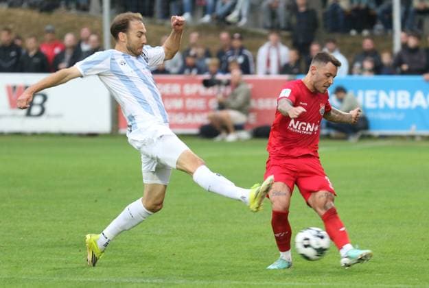 August 18, 2026, Soccer, Men s, 2026–2027 Season, Bavarian Regional League, TSV Aubstadt vs. 1860 Munich: Michael Eberwein of 1860 Munich (left) and Ingo Feser of Aubstadt