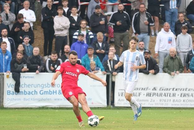 August 18, 2026, Soccer, Men s, 2026–2027 Season, Bavarian Regional League, TSV Aubstadt vs. 1860 Munich: Aubstadt s Timo Pitter in possession against the Lions Emre Erdogan