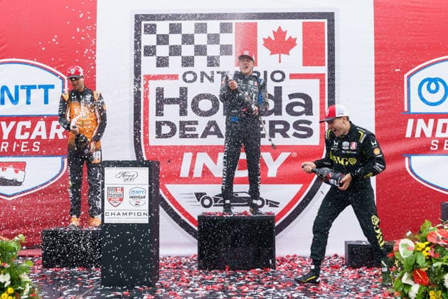 August 16, 2026, Markham, On, Canada: Marcus Ericsson, of Sweden, centre, celebrates after winning the 2026 Honda Indy with second-place Romain Grosjean, of Switzerland, left, and third-place Will Power, of Australia in Markham, Ont. on Sunday, Aug. 16, 2026. Canada News - August 16, 2026  - ZUMAc35_ 20260816_zaf_c35_075 Copyright: xKeitoxNewmanx