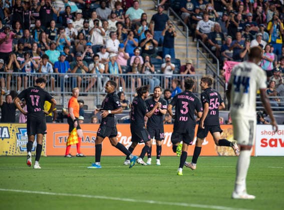 August 19, 2026, Chester, Pennsylvania, United States: Inter Miami player, LIONEL MESSI (10). Celebrates with teammates after scoring a goal during the match at Subaru Park in Chester PA Soccer 2026: Union Vs Inter Miami  - ZUMArf1_ 20260819_zaf_rf1_003 Copyright: xRickyxFitchettx