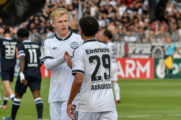 Ayoube Amaimouni Echghouyab of Eintracht Frankfurt (No. 29) celebrates with Jonathan Burkardt (No. 9) after scoring the goal that made the score 0–3 on August 21, 2026 ¢ Soccer ¢ SC St. Tönis vs. Eintracht Frankfurt, Grotenburg Stadium, Krefeld, DFB and DFL regulations prohibit any use of photographs as image sequences and or quasi-video. NRW, Germany Copyright: xpepphotox xSaschaxWeizx pep00321, pep_20260821_hm