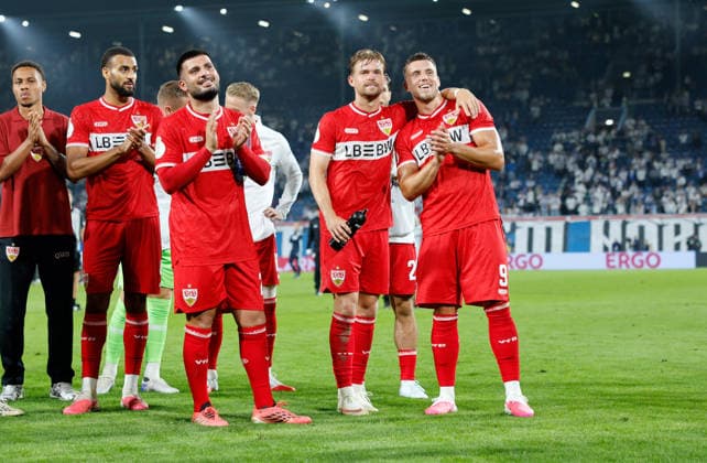 August 21, 2026 FC Hansa Rostock vs. VfB Stuttgart Germany, Rostock, August 21, 2026, Soccer, DFB Cup, 2026–2027 season, FC Hansa Rostock vs. VfB Stuttgart: Josha Vagnoman, Deniz Undav, Maximilian Mittelstädt, Ermedin Demirovic (all VfB Stuttgart)