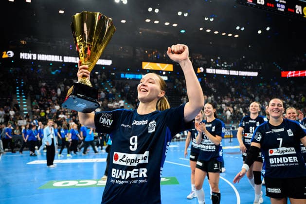 Munich Central Station Super Cup 2026 HSG Blomberg Lippe Borussia Dortmund Nieke Kühne Kuehne Blomberg Victory Celebration Victory Celebration Emotion Joy Munich SAP Garden Bavaria Germany