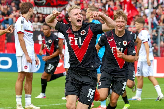August 22, 2026, xsscx, Soccer, DFB Cup First Round, Viktoria Köln 1 FC Nürnberg, Sportpark Höhenberg, 2026–2027 Season: Celebrations after the 1–1 goal scored by Meiko Sponsel of Viktoria Köln. DFB regulations prohibit any use of photographs as image sequences and or quasi-video. Photo: xSandraxScherningxPressefotoKochx, North Rhine-Westphalia, Germany