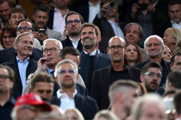 German National Team Coach Jürgen Klopp, with Hans Joachim Watzke, President of Borussia Dortmund, on the left, and Rudi Völler, DFB Sporting Director, on the right, August 22, 2026, Soccer, 2026–2027 season, Franz Beckenbauer, 2026 Super Cup, Final, Borussia Dortmund vs. FC Bayern Munich 1–2. DFL regulations prohibit any use of photographs as image sequences and or quasi-video. Dortmund, Signal Iduna Park, North Rhine-Westphalia, Germany Team2