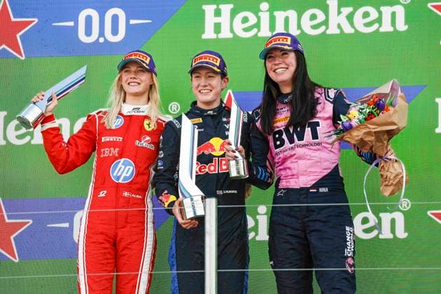F1 - DUTCH GRAND PRIX 2026 PALMOWSKI Alisha (uk), Campos racing supported by Red Bull racing, Tatuus F4-T421, portrait LARSEN Alba (dnk), MP Motorsport supported by Ferrari, Tatuus F4-T421, portrait GADEMAN Nina (nld), MP Motorsport supported by Alpine,Tatuus F4-T421, portrait podium during the Formula 1 Dutch Grand Prix 2026, 12th round of the 2026 Formula One World Championship, WM, Weltmeisterschaft from July 21 to 23, 2026 on the Circuit Zandvoort, in Zandvoort, Netherlands - ZandvoortNetherlands Copyright: xXavixBonillax