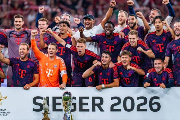 Super Cup, Germany, Borussia Dortmund vs. FC Bayern Munich, August 22, 2026, at Signal Iduna Park. Award ceremony: FC Bayern Munich winners—Manuel Neuer, Joshua Kimmich, Saibari, Harry Kane, Nathaniel Brown, Jonathan Tah, Tom Bischof, Michael Olise, Arijon Ibrahimovic, Maycon Cardozo Copyright: xBahhoxKarax