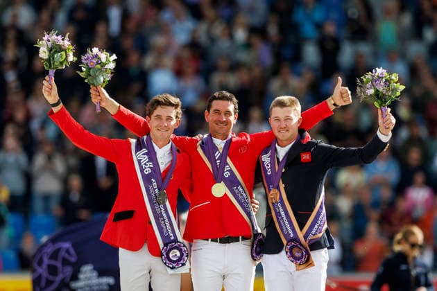 2026 FEI World Championships in Aachen, AACHEN FEI World Championships 2026 GUERDAT Steve SUI, CHARLES Harry GBR, SPITS Thibeau BEL Medal Ceremony FEI Jumping World Championship Third Competition Individual Final Round B Aachen, Soers Equestrian Stadium August 23, 2026