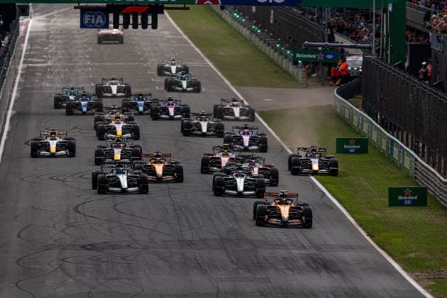 Start of the Race during the Race of Formula 1 Heineken Dutch Grand Prix 2026 at Circuit Zandvoort in Zandvoort, Netherlands. Round 14 of 24 of the 2026 FIA Formula One World Championship, WM, Weltmeisterschaft held August 21-23, 2026. The weekend features the F1 Sprint format, with a Sprint race on Saturday in addition to the Grand Prix on Sunday. Circuit Zandvoort, set in the dunes of the North Sea coast, is renowned for its steeply banked corners. Formula 1 Heineken Dutch Grand Prix 2026 - Round 14 of 24 - Circuit Zandvoort, Zandvoort, Netherlands F1-2026-R14-NED
