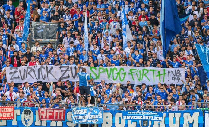 August 23, 2026 Soccer Season 2026–2027 DFB Cup Club Cup First Round SpVgg Greuther Fürth (Kleeblatt) vs. VfL Bochum Sports photo by Zink xwoxzix; regulations prohibit any use of photographs as image sequences and or quasi-video. Fans, fan block Bochum with a banner Back to SpVgg Fürth