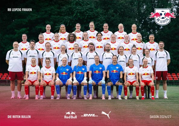 RB Leipzig Women s Team Photo, 1st Division 2026–2027, 1st row (seated, from left to right): Therese Simonsson, Sandra Starke, Mirja Kropp, Aude Waldbillig, Elvira Herzog, Sophie Lindner, Jasmien Mathys, Lou Ann Joly; 2nd row: Karsten Klein, Team Manager; Michael Gurski, Goalkeeper Coach; Maximilian Ewald, Strength and Conditioning Coach; Laura Stosno Krohn, Strength and Conditioning Coach; Marie Kirchhain, Game Analyst; Jonas Stephan, Head Coach; Marius Nowoisky, Assistant Coach; Zsófia Rácz, Assistant Coach; Maria Ebersbach, Physical Therapist; Johanna Schellhase, Physical Therapist; Manuel Hering, Operations; 3rd row: Sára Pusztai, Annabel Schasching, Marleen Schimmer, Delice Boboy, Diána Németh, Emanuela Pfister, Marie Kleemann, Nele Quietzsch, Zenia Mertens, Lara Marti 4th Row: Nikoline Dudek, Andrea Norheim, Charlotte Hulst, Nikée van Dijk, Alieke Tuin, Linde Veefkind, Emilía Ásgeirsdóttir