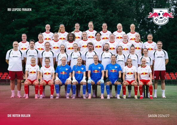 RB Leipzig Women s Team Photo, 1st Division 2026–2027, 1st row (seated, from left to right): Therese Simonsson, Sandra Starke, Mirja Kropp, Aude Waldbillig, Elvira Herzog, Sophie Lindner, Jasmien Mathys, Lou Ann Joly; 2nd row: Karsten Klein, Team Manager; Michael Gurski, Goalkeeper Coach; Maximilian Ewald, Strength and Conditioning Coach; Laura Stosno Krohn, Strength and Conditioning Coach; Marie Kirchhain, Game Analyst; Jonas Stephan, Head Coach; Marius Nowoisky, Assistant Coach; Zsófia Rácz, Assistant Coach; Maria Ebersbach, Physical Therapist; Johanna Schellhase, Physical Therapist; Manuel Hering, Operations; 3rd row: Sára Pusztai, Annabel Schasching, Marleen Schimmer, Delice Boboy, Diána Németh, Emanuela Pfister, Marie Kleemann, Nele Quietzsch, Zenia Mertens, Lara Marti 4th Row: Nikoline Dudek, Andrea Norheim, Charlotte Hulst, Nikée van Dijk, Alieke Tuin, Linde Veefkind, Emilía Ásgeirsdóttir