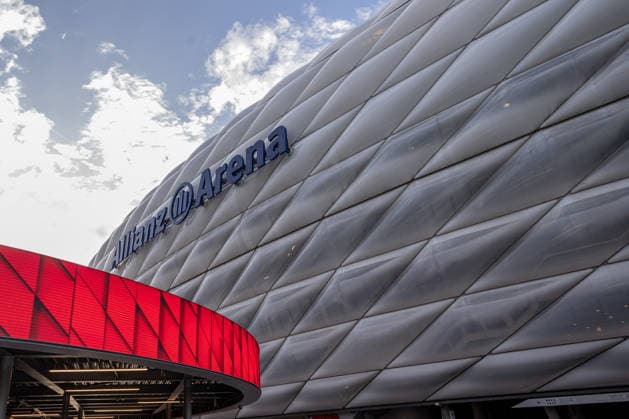 The exterior of the Allianz Arena featuring the GER insurance company logo, FC Bayern Munich vs. VfB Stuttgart, soccer, Bundesliga, Matchday 1, 2026–2027 season, August 28, 2026 DFL DFB REGULATIONS PROHIBIT ANY USE OF PHOTOGRAPHS as IMAGE SEQUENCES and or QUASI-VIDEO Photo: HMB Media, Heike Feiner Copyright: HMBxMedia HeikexFeiner