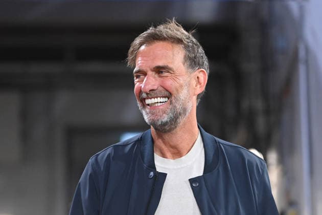 German national team coach Juergen KLOPP GER, laughing, laughing, laughing, optimistic, in a good mood, single frame, cropped single shot, portrait, soccer, Bundesliga Season 2026–2027, Matchday 1, Matchday 01, FC Bayern Munich vs. VfB Stuttgart 5–1 on August 28, 2026, Allianz Arena