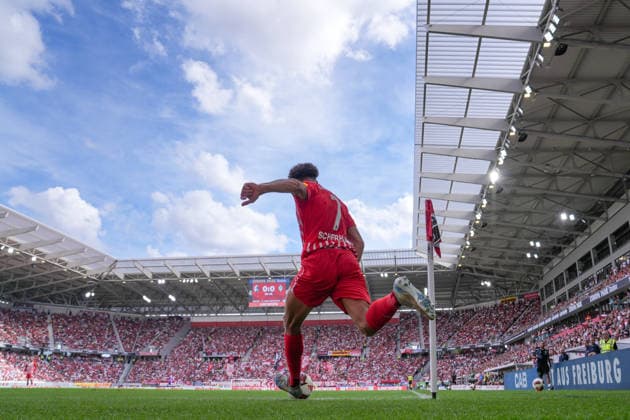 Derry Scherhant, SC Freiburg, 7th corner kick, Germany, soccer, Bundesliga 1, Matchday 1, 2026–2027, SC Freiburg vs. SV Werder Bremen, August 30, 2026, Europa-Park Stadium, Freiburg, Freiburg, Europa-Park Stadium, Baden-Württemberg, Germany Copyright: xArnexAmbergx