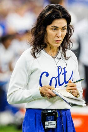 Aug 29, 2026; Indianapolis, Indiana, USA; Indianapolis Colts Owner & CEO Carlie Irsay-Gordon on the sidelines during NFL, American Football Herren, USA preseason game action against the Detroit Lions at Lucas Oil Stadium. Mandatory Credit: -Cal Media - ZUMAc04_ 20260829_zma_c04_521 Copyright: xJohnxMersitsx
