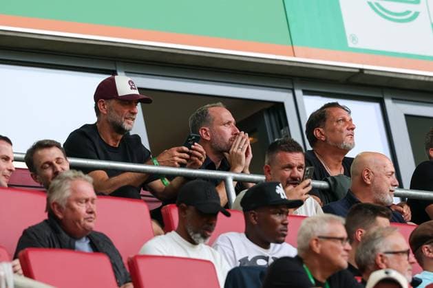 Germany National Team Coach Jürgen Klopp, FC Augsburg Chief Financial Officer Michael Stroell, FC Augsburg President Markus Krapf, FC Augsburg vs. FC Schalke 04, Soccer, Bundesliga 1, Matchday 1, August 30, 2026. DFB regulations prohibit any use of photographs as image sequences and or quasi-video. Augsburg, Bavaria, Germany Copyright: xkolbert-press ChristianxKolbertx