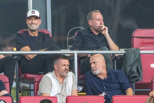 German national team coach Juergen Klopp and FC Augsburg general manager Michael Stroell (from left), Sergej Barbarez, head coach of the Bosnian national team (bottom right), FC Augsburg vs. FC Schalke 04, Bundesliga soccer, 1. Bundesliga, Matchday 01, August 30, 2026. DFB regulations prohibit any use of photographs as image sequences and or quasi-video. Copyright: xkolbert-press PeterxFastlx