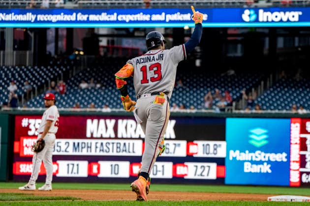 Atlanta Braves right fielder Ronald Acuna Jr. (13) celebrates hitting a home run in the top of the seventh inning during a game against the Washington Nationals at Nationals Park in Washington, DC on Wednesday, September 2, 2026. The Braves beat the Nationals 9-0. WAP20260902471 BONNIExCASH
