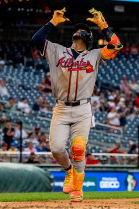 Atlanta Braves right fielder Ronald Acuna Jr. (13) celebrates hitting a home run in the top of the seventh inning during a game against the Washington Nationals at Nationals Park in Washington, DC on Wednesday, September 2, 2026. The Braves beat the Nationals 9-0. WAP20260902476 BONNIExCASH