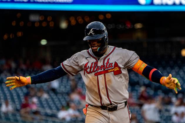 Atlanta Braves right fielder Ronald Acuna Jr. (13) celebrates hitting a home run in the top of the seventh inning during a game against the Washington Nationals at Nationals Park in Washington, DC on Wednesday, September 2, 2026. The Braves beat the Nationals 9-0. WAP20260902478 BONNIExCASH