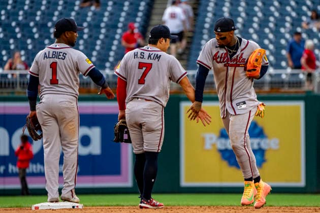Atlanta Braves right fielder Ronald Acuna Jr. (13) (R) celebrates with Atlanta Braves short-stop Ha-Seong Kim (7) and Atlanta Braves second baseman Ozzie Albies (1) after a game against the Washington Nationals at Nationals Park in Washington, DC on Wednesday, September 2, 2026. The Braves beat the Nationals 9-0. WAP20260902487 BONNIExCASH