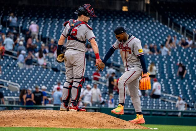 Atlanta Braves right fielder Ronald Acuna Jr. (13) (R) celebrates withAtlanta Braves catcher Sean Murphy (12) after a game against the Washington Nationals at Nationals Park in Washington, DC on Wednesday, September 2, 2026. The Braves beat the Nationals 9-0. WAP20260902488 BONNIExCASH
