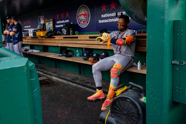 Atlanta Braves right fielder Ronald Acuna Jr. (13) prepares to bat in the dugout in the top of the sixth inning during a game against the Washington Nationals at Nationals Park in Washington, DC on Wednesday, September 2, 2026. The Braves beat the Nationals 9-0.  WAP20260902489 BONNIExCASH