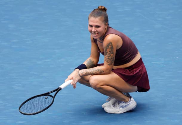 Oleksandra Oliynykova of Ukraine reacts after losing a point in the second set against Alexandra Eala of the Philippines in a second round match in Louis Armstrong Stadium at the 2026 US Open Tennis Championship at the USTA Billie Jean King National Tennis Center in New York City on Thursday, September 3, 2026. Eala defeated Oliynykova in straight sets.  NYP20260903107 JOHNxANGELILLO