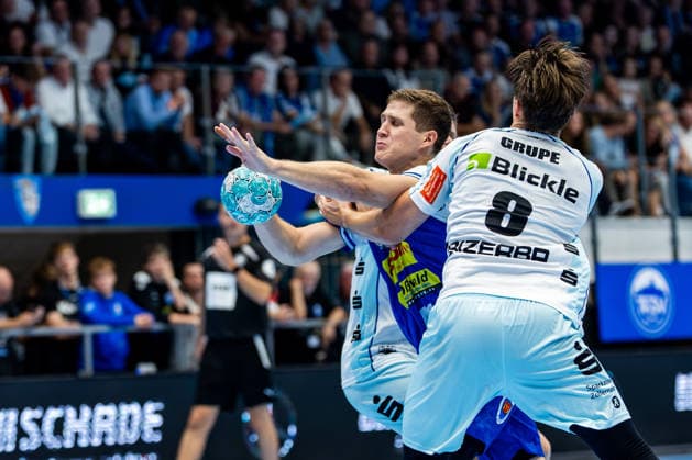 September 3, 2026, GER, Handball, Men, 2026–2027 Season, Opel 1st Division, Matchday 2, ThSV Eisenach vs. HBW Balingen Weilstetten, Magnus Grupe (HBW Balingen Weilstetten), Vukasin Antonijevic (ThSV Eisenach), 41, Georg Poehle, HBW Balingen Weilstetten, 99817 Eisenach, Werner Assmann, Halle am Sportpark, Thuringia, Germany