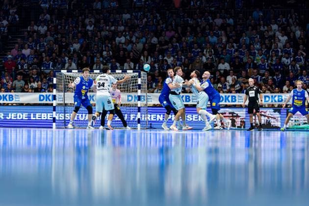 September 3, 2026, GER, Handball, Men, Season 26-27, Opel 1st Division, Matchday 2, ThSV Eisenach vs. HBW Balingen-Weilstetten: Bennet Strobel (HBW Balingen-Weilstetten), Csaba Leimeter (HBW Balingen-Weilstetten), Yonatan Dayan (HBW Balingen-Weilstetten), Tillman Leu (ThSV Eisenach, 99), Dominik Solak, ThSV Eisenach, 30, Peter Walz, ThSV Eisenach, 14, 99817 Eisenach, Werner Assmann, Halle am Sportpark, Thuringia, Germany