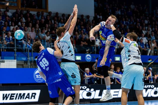 September 3, 2026, GER, Handball, Men, 2026–2027 Season, Opel 1st Division, Matchday 2, ThSV Eisenach vs. HBW Balingen Weilstetten, Tillman Leu (ThSV Eisenach, 99), Dominik Solak ThSV Eisenach, 30, Bennet Strobel HBW Balingen Weilstetten, 99817 Eisenach, Werner Assmann, Halle am Sportpark, Thuringia, Germany