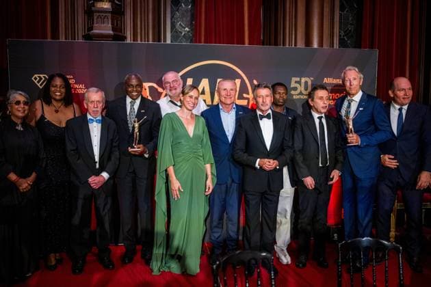 Wilfried Meert, organizer of the Memorial Van Damme meeting; former athlete Carl Lewis; Memorial Van Damme meeting director Kim Gevaert; Ukrainian former athlete Sergey Bubka; IAAF Chairman Sebastian Coe; Kenya s Daniel Komen and Dwight Stones pictured during a gala dinner organized on the evening before the 50th edition of the Memorial Van Damme athletics event in Brussels, Thursday 3 September 2026. The 2026 Allianz Memorial Van Damme Diamond League meeting takes place on 4 and 5 September 2026. JASPERxJACOBS  x185207787x