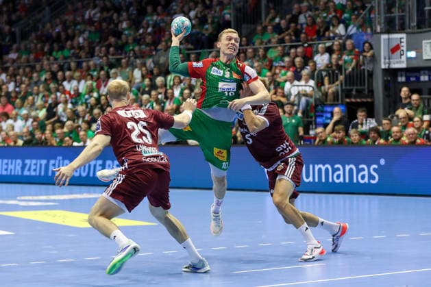 September 3, 2026, xgox, Handball Opel HBL SC Magdeburg vs. Füchse Berlin emspor, from left: Mattes Langhoff (Berlin), 25; Gisli Thorgeir Kristjansson (Magdeburg), 10; Max Darj (Berlin), 5; duel, battle, tackle, Magdeburg