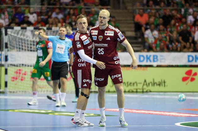 September 3, 2026, xgox, Handball Opel HBL SC Magdeburg vs. Füchse Berlin emspor, from left: Tobias Grondahl (Berlin), 15, Mattes Langhoff (Berlin), 25 (Magdeburg)