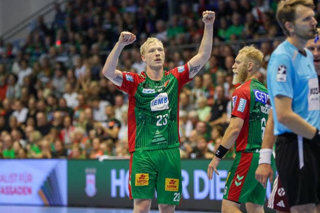 September 3, 2026, xgox, Handball Opel HBL SC Magdeburg vs. Füchse Berlin emspor, from left: Magnus Saugstrup (Magdeburg), 23, cheering, goal celebration, celebrating the goal, Magdeburg celebration