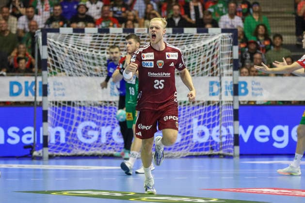 September 3, 2026, xgox, Handball Opel HBL SC Magdeburg vs. Füchse Berlin emspor, from left: Mattes Langhoff (Berlin), 25, cheering, goal celebration, celebrating the goal, Magdeburg celebration